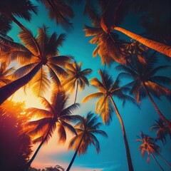 Palm trees at sunset light. Silhouette coconut palm trees on beach at sunset. Vintage tone. Vintge Palm Trees Vintage - clear summer skies. ai generative