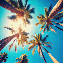 Palm trees at sunset light. Silhouette coconut palm trees on beach at sunset. Vintage tone. Vintge Palm Trees Vintage - clear summer skies. ai generative