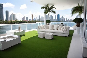 Fototapeta premium Artificial grass covered balcony with views of Miami Bay, white sofas, tables, and seats; palm trees; and skyscrapers in the distance. Generative AI