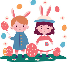 Easter. children for easter. beautiful vector illustration by kids for easter. easter eggs.happy easter