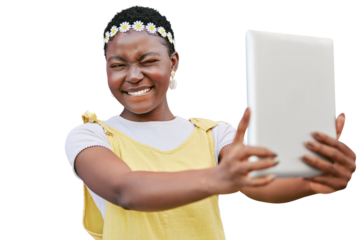 Black woman, selfie or tablet and smile, flower crown or hippie isolated on a transparent png background for social media. Happy influencer taking digital photo with face for fashion or beauty