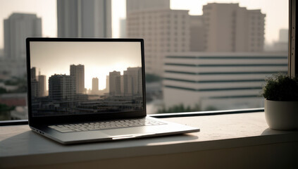 Desk laptop monitor on the table in the office, generative ai