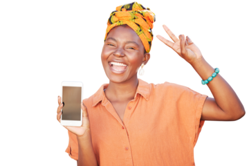 Mockup, phone or happy black woman with peace hand gesture with cool retro African fashion. Smile, face or excited girl portrait with screen for product placement isolated on a png background
