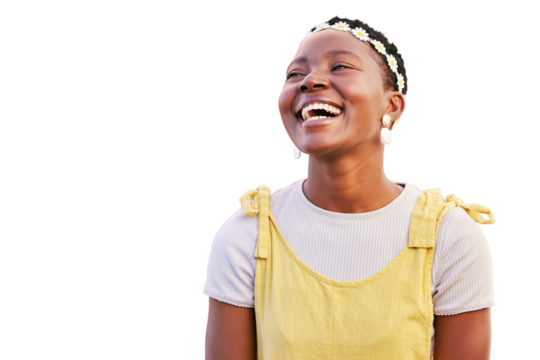 Face, laughing or black woman isolated on a transparent png background with flower headband and hippie look. Smile, funny or happy girl student with positive expression, thinking of fun joke - Powered by Adobe