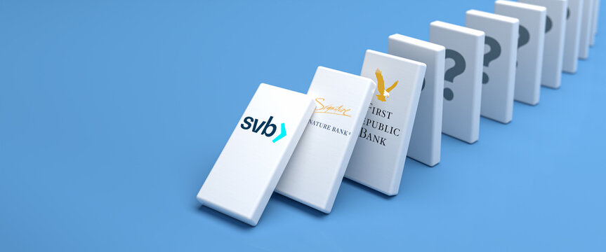 Concept: Who is next in the banking crisis after the demise of the Silicon Valley Bank, Signature Bank and First Republic. Domino effect. Web banner format