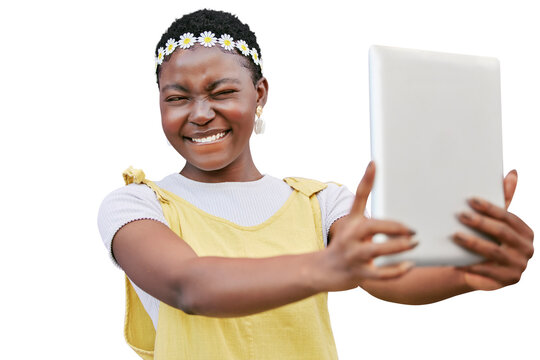 Black woman, selfie or tablet and smile, flower crown or hippie isolated on a transparent png background for social media. Happy influencer taking digital photo with face for fashion or beauty