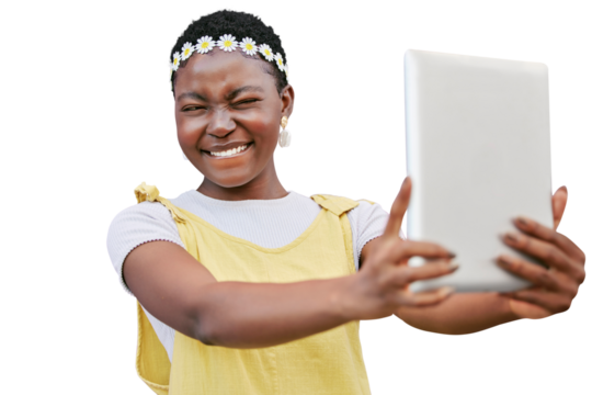 Black woman, selfie or tablet and smile, flower crown or hippie isolated on a transparent png background for social media. Happy influencer taking digital photo with face for fashion or beauty
