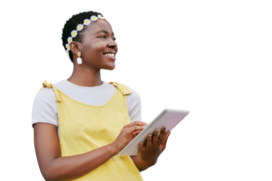 Tablet, social media and black woman thinking of an online idea while isolated on a transparent png background. Tech of happy girl streaming video or browsing and search for an app subscription - Powered by Adobe
