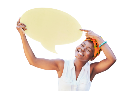 Speech bubble, communication and social media with black woman on mockup for news, vote or review isolated on transparent png background. Design, contact and chat sign with board for voice or opinion