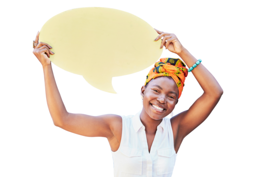 Speech bubble, communication and social media with black woman on mockup for news, vote or review isolated on transparent png background. Design, contact and chat sign with board for voice or opinion