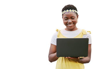 Happy, black woman and laptop for reading fashion blog, spring online shopping or post to social...