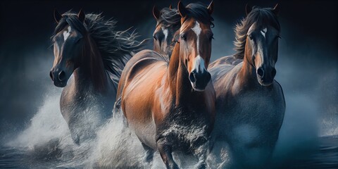 herd of horses run along the river, Horses in the water of the river. ai generative