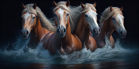 herd of horses run along the river, Horses in the water of the river. ai generative