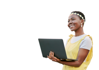 Happy, mock up background and woman with laptop spring online shopping or post to social media app. Marketing mockup, advertising African girl with digital computer isolated on a png background