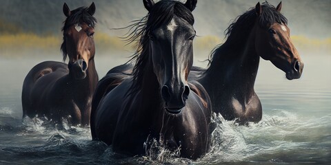 herd of horses run along the river, Horses in the water of the river. ai generative - obrazy, fototapety, plakaty