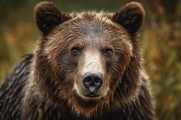 Fototapeta na wymiar In the Rocky Mountains of Alberta, Canada's Jasper National Park, a female mother brown Grizzly bear (Ursus arctos horribilis) with damp fur is depicted in a close up wildlife portrait. Generative AI