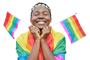 LGBT, pride and portrait of black woman with rainbow flag in support of the LGBTQ community isolated on a transparent png background. Equality, rights and bisexual, gay or lesbian African girl