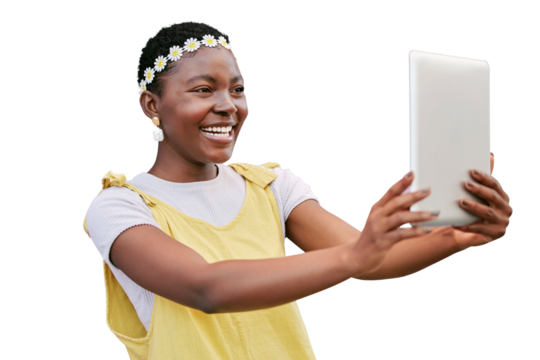 Black woman, selfie or tablet and smile, flower crown or hippie isolated on a transparent png background for social media. Happy influencer taking digital photo with face for fashion or beauty - Powered by Adobe