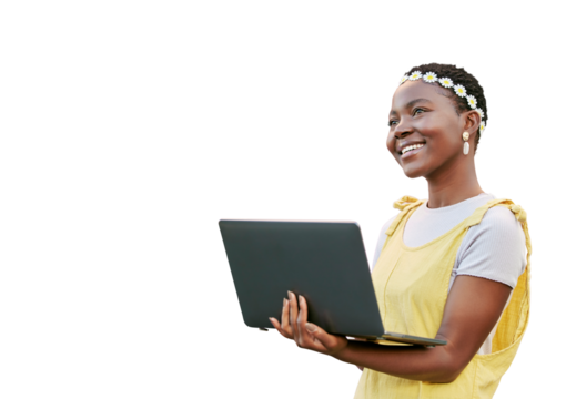 Happy, mock up background and woman with laptop spring online shopping or post to social media app. Marketing mockup, advertising African girl with digital computer isolated on a png background