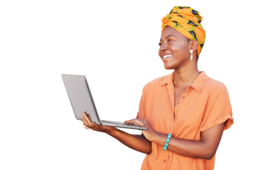 Happy, black woman and laptop for reading fashion blog, spring online shopping or post to social media isolated on a transparent png background. Smile of elegant African girl browsing with computer