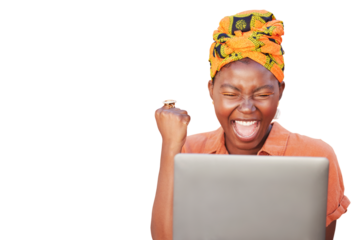 Success, cheers and black woman on laptop after winning on isolated and transparent png background. Girl winner in celebration on computer after online lottery or reading good news on social media