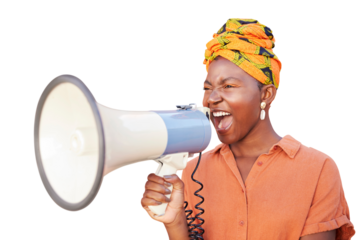Megaphone, black woman or African protest with voice for justice and freedom of speech or gender equality, isolated on a transparent png background. Vote, shout and politics, angry for change