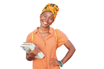 Student, books and portrait of black woman isolated on transparent png background ready for education and learning at school. African girl start at college, university or academy for youth in Nigeria
