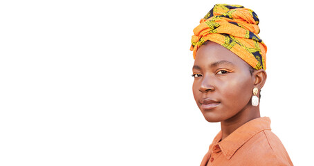 Serious face, black woman and natural beauty with head scarf and cosmetics isolated on a...