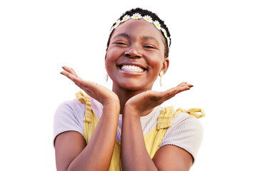 Black woman, flower crown and smile in portrait isolated on a transparent png background for...