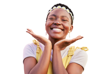 Black woman, flower crown and smile in portrait isolated on a transparent png background for natural beauty and joy. Happy african girl, hands and face for hippie glow and flowers for spring