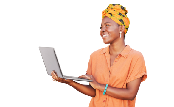 Happy, black woman and laptop for reading fashion blog, spring online shopping or post to social media isolated on a transparent png background. Smile of elegant African girl browsing with computer