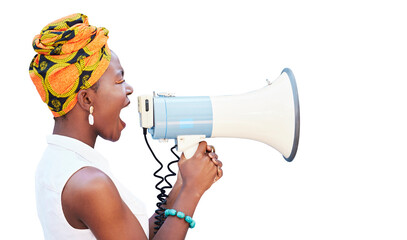 Megaphone, black woman or African protest with voice for justice and freedom of speech or gender equality, isolated on a transparent png background. Vote, shout and politics, angry for change - obrazy, fototapety, plakaty