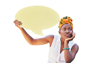 Speech bubble, communication and social media with black woman on mockup for news, vote or review isolated on transparent png background. Design, contact and chat sign with board for voice or opinion