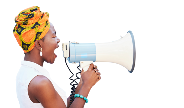 Megaphone, black woman or African protest with voice for justice and freedom of speech or gender equality, isolated on a transparent png background. Vote, shout and politics, angry for change
