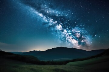 Fototapeta premium Landscape with blue Milky Way. Night sky with stars and hills at summer. Beautiful universe. Amazing universe. Space background. Beautiful galaxy. Generative AI