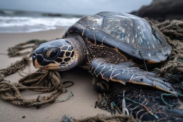 turtle entangled in fishing net on the beach - pollution of the oceans - generative ai