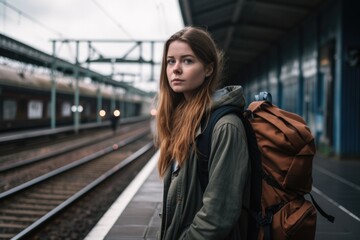 Obraz na płótnie Canvas young woman waiting for the train to travel - generative ai