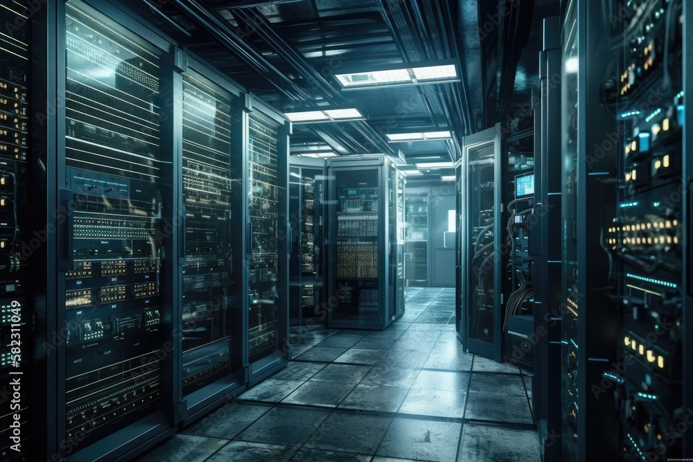 Poster in the dim server room, computers manage the machinery. digitalization and the creation of cutting e