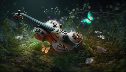Naklejka premium magic violin on the meadow