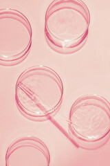 Petri dish. A set of Petri cups. A pipette, glass tube. On a pink background.