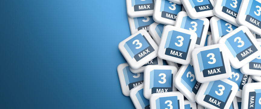 Logos of the 3d modeling and rendering software 3ds Max by Autodesk on a heap on a table.