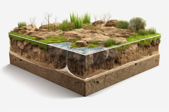 cutaway landscape surface with mud and field isolated, cubical cross section with subterranean earth soil and water and green grass on top. Generative AI