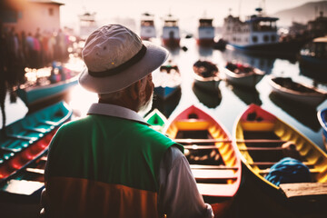 Fototapeta premium A weary fisherman gazes at his boats in the harbor after a long day at sea, reflecting on the day's adventures and the maritime life he embraces. Generative AI