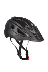 A studio shot of a black helmet for byciclist isolated on white background. Bicycle helmet with a strap for fixing on the head.