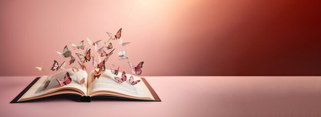 Storytelling book writing concept, romance theme, butterflies flying over open book illustration banner, copy space on pastel pink background. Generative AI