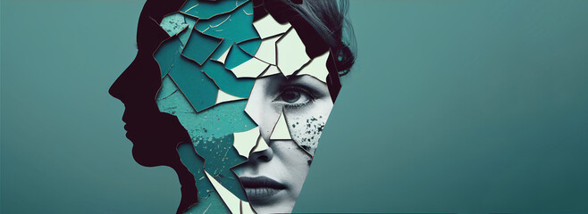 Mental health care concept banner, woman face, psychoanalysis and psychotherapy, blue background copy space. Generative AI, generative, ai - obrazy, fototapety, plakaty