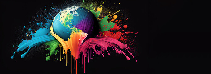 Earth day world globe banner, splash colors, horizontal poster with copy space on black background. Generative AI illustration