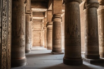 Ancient Egyptian gods are carved onto the entrance of the Horus Temple's many stone columns. Generative AI - obrazy, fototapety, plakaty
