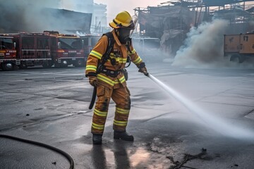 Naklejka premium Firefighter using extinguisher or Twirl water fog type fire extinguisher to spray water from hose for fire fighting with fire flame on fuel and control fire for safety in plant of industrial area