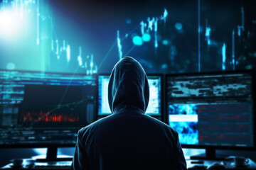 A skilled hacker monitors stock market and cryptocurrency graphs, stealthily manipulating financial data and investments from his computer. Generative AI